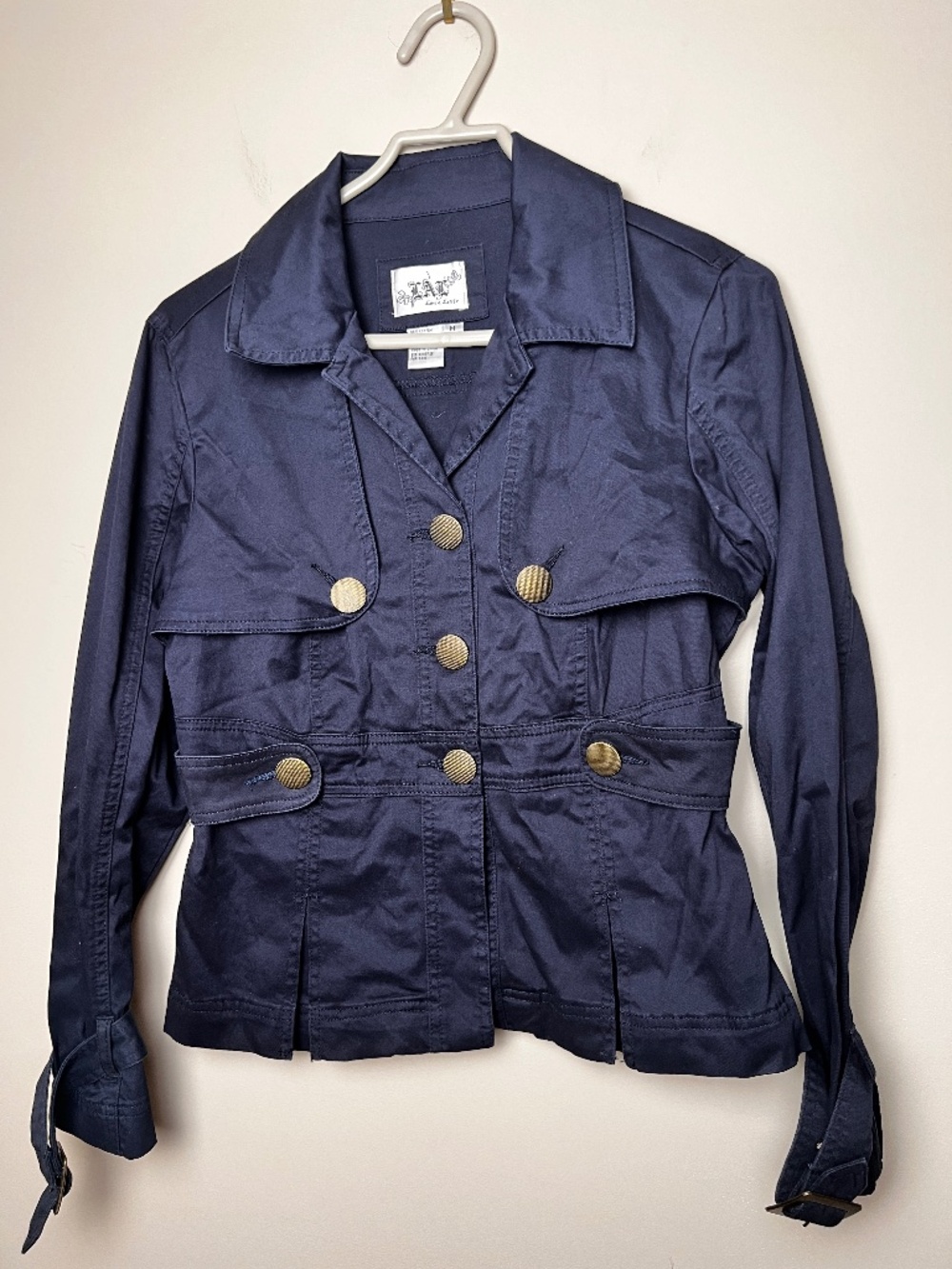 Live A Little Jacket Medium Navy Blue Metallic Buttons Womens Tie Button Closure
